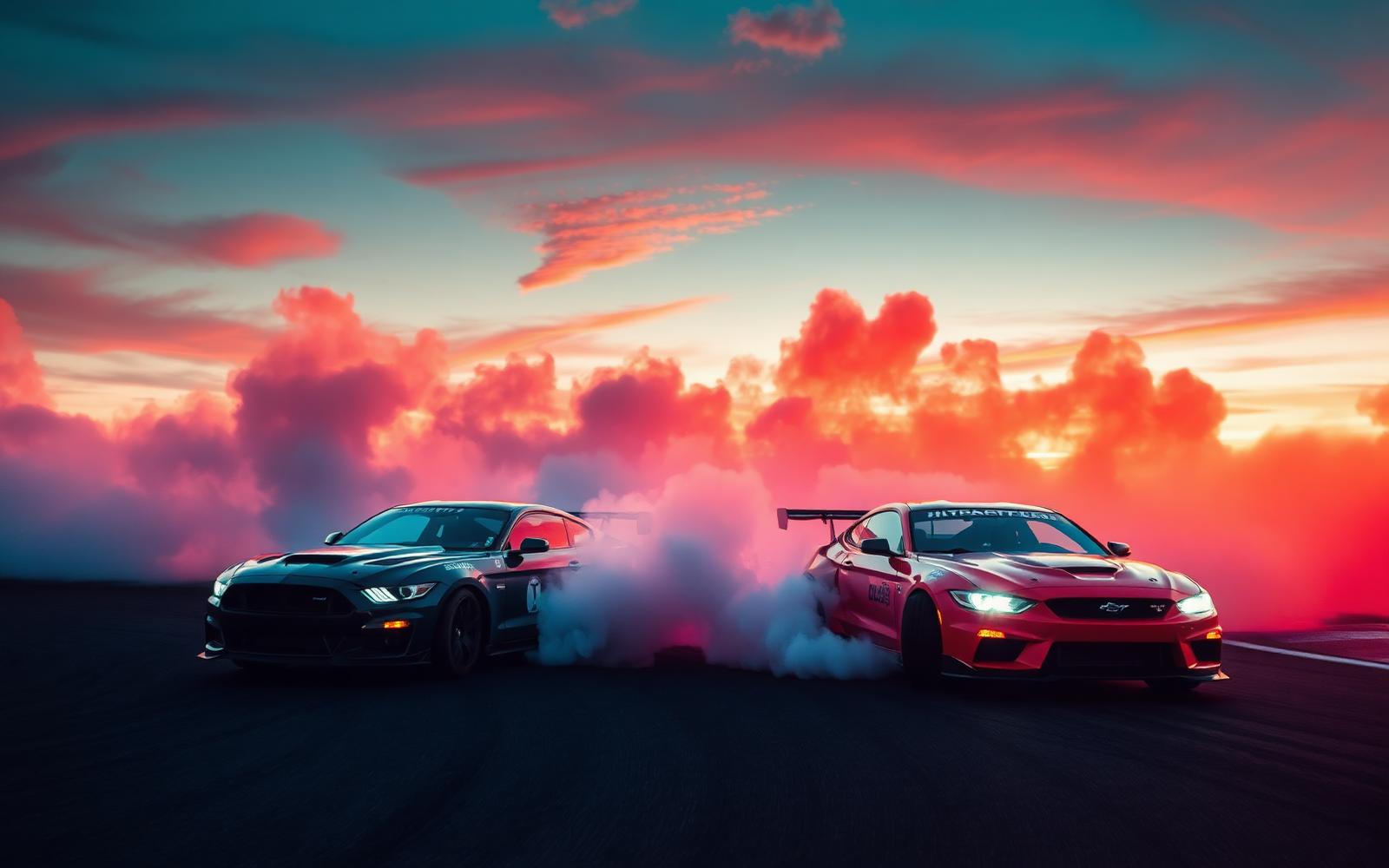 Tandem drift cars at sunset